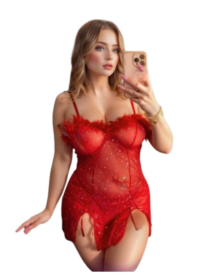 Sexy women's babydoll lingerie made of soft sheer tulle, decorated with feathers and glitter beads - a luxurious nightgown for an attractive and charming look on special occasions. - Image 1